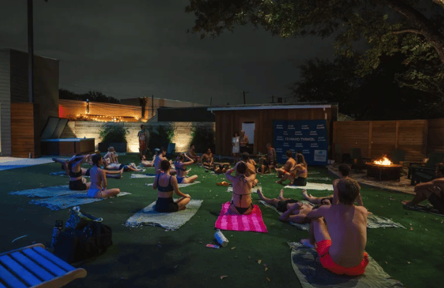 Evening yoga beside the fire pit
