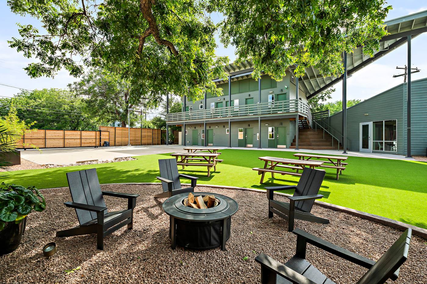 Fire pit lounge seating in the Webber East courtyard