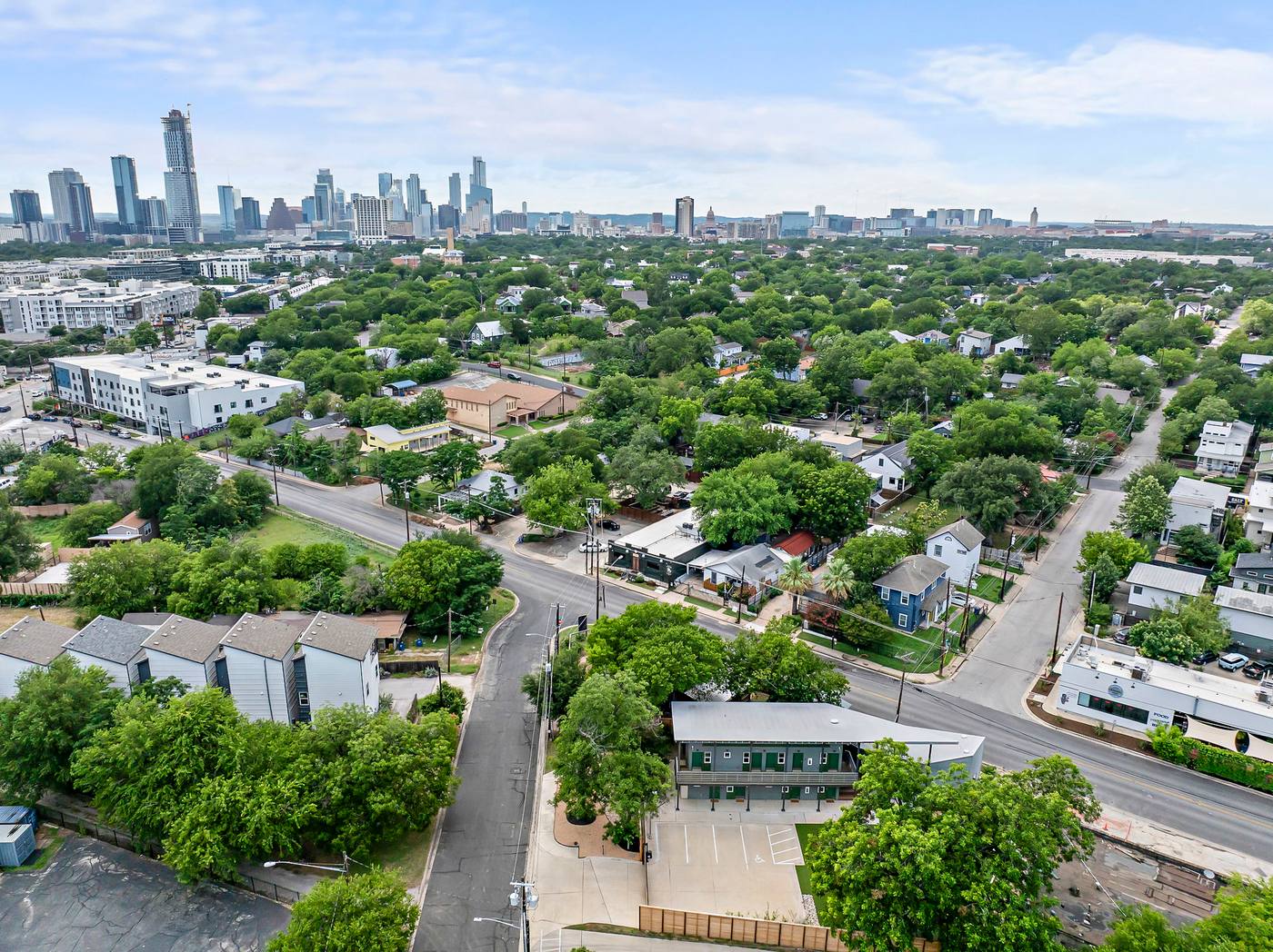 Aerial view of Webber East with the Austin skyline