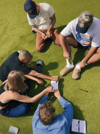 Overhead view of a group activity on the lawn
