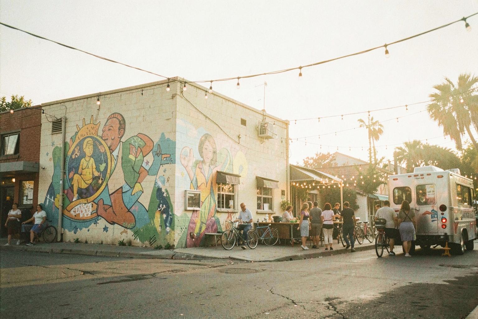 A colorful mural-covered East Austin building with string lights and a food truck at golden hour