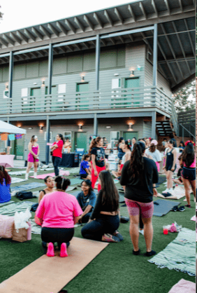 Outdoor gathering in front of the lodging building